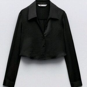 Black Zara satin cropped button top